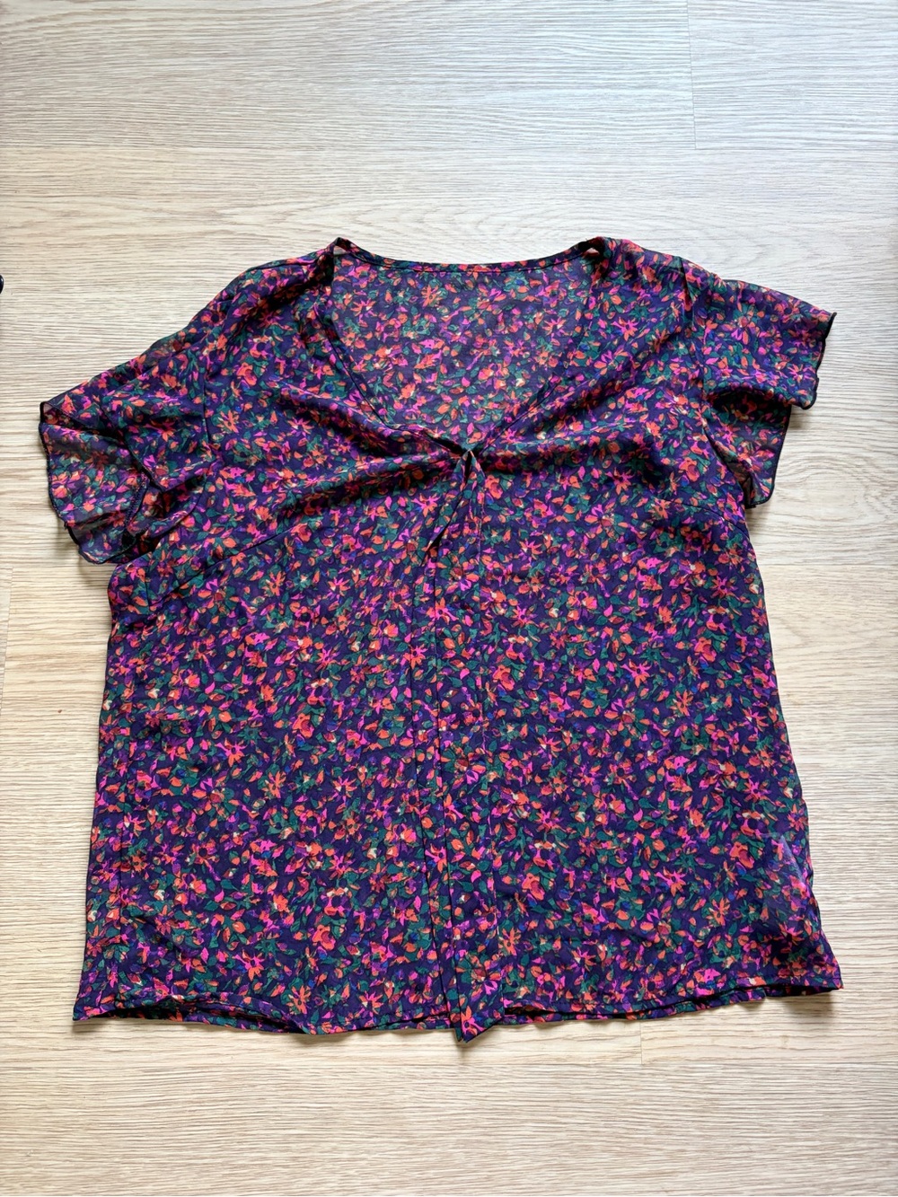 SHEIN Black Floral Tie-Front Blouse with Pink & Green Accents